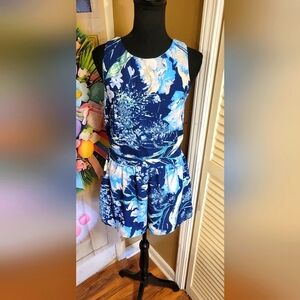 One Clothing Floral Blue and White Sleeveless Romper, Size Medium